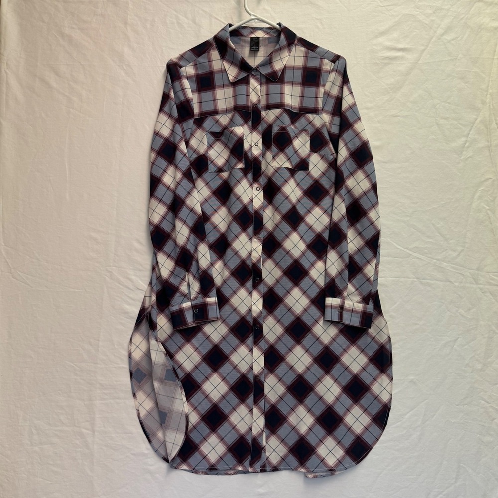 Prana Breathe Plaid Tunic Shirt Womens Medium Blue Burgundy Longline Button Down